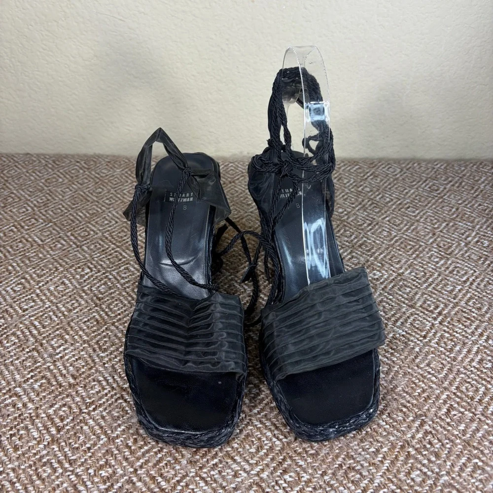 Stuart Weitzman Black Espadrille Wedge Ties Around Ankle Sandals Sz 7B Event